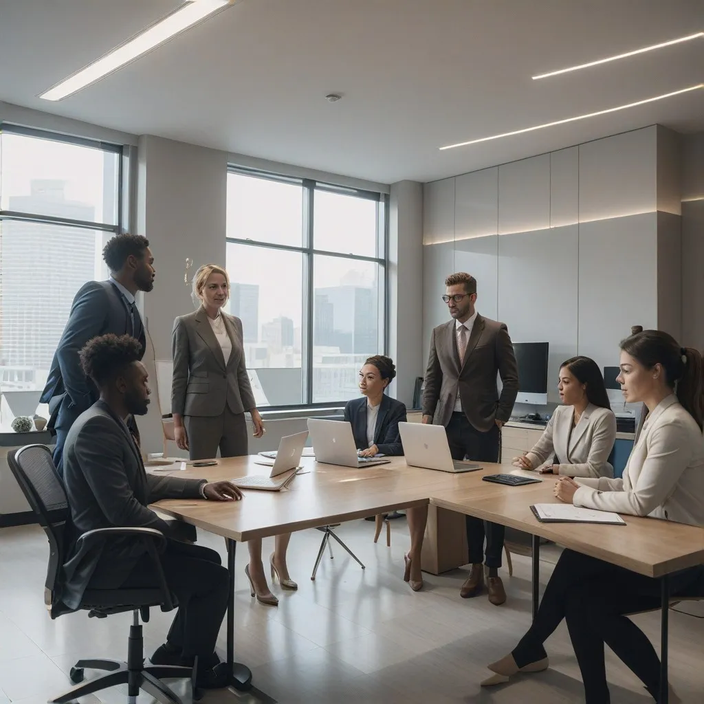 A group of diverse business professionals gathered around a table in a modern office setting, discussing financial documents with expressions of satisfaction. The scene captures a positive and collaborative atmosphere, highlighting client satisfaction and successful interactions in an accounting context.