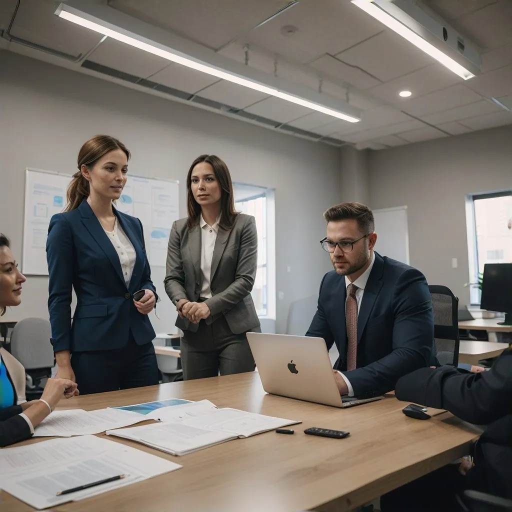 A candid shot of the team members collaborating on a project. The image should depict a dynamic work environment where team members are actively discussing and sharing ideas around a conference table. The scene should emphasize collaboration, communication, and a shared commitment to excellence in accounting services provided by lopator.