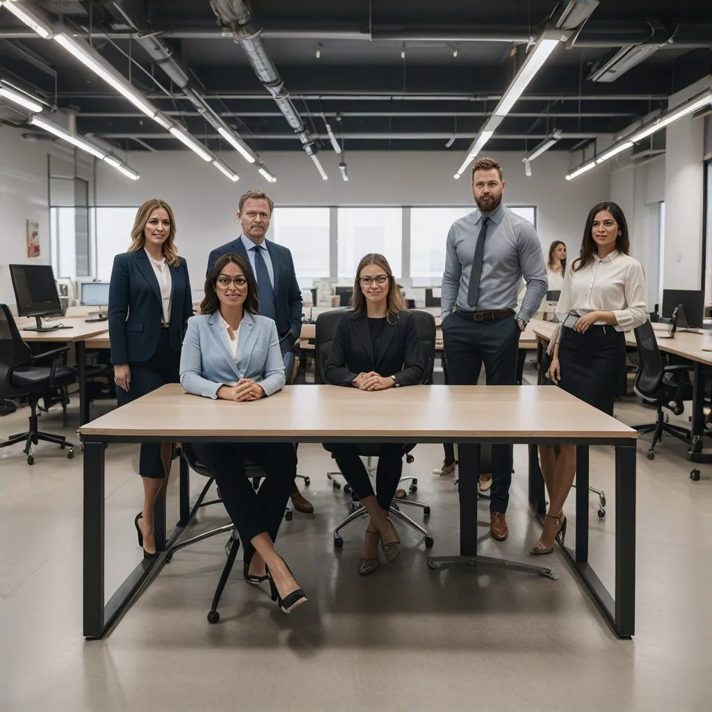 A group portrait of the lopator accounting team, showcasing the diversity and professionalism of the team members. The image should capture the essence of teamwork and success, with the team members standing together in a modern office environment. Each member should be visibly engaged, projecting confidence and expertise, reflecting the core values of lopator.