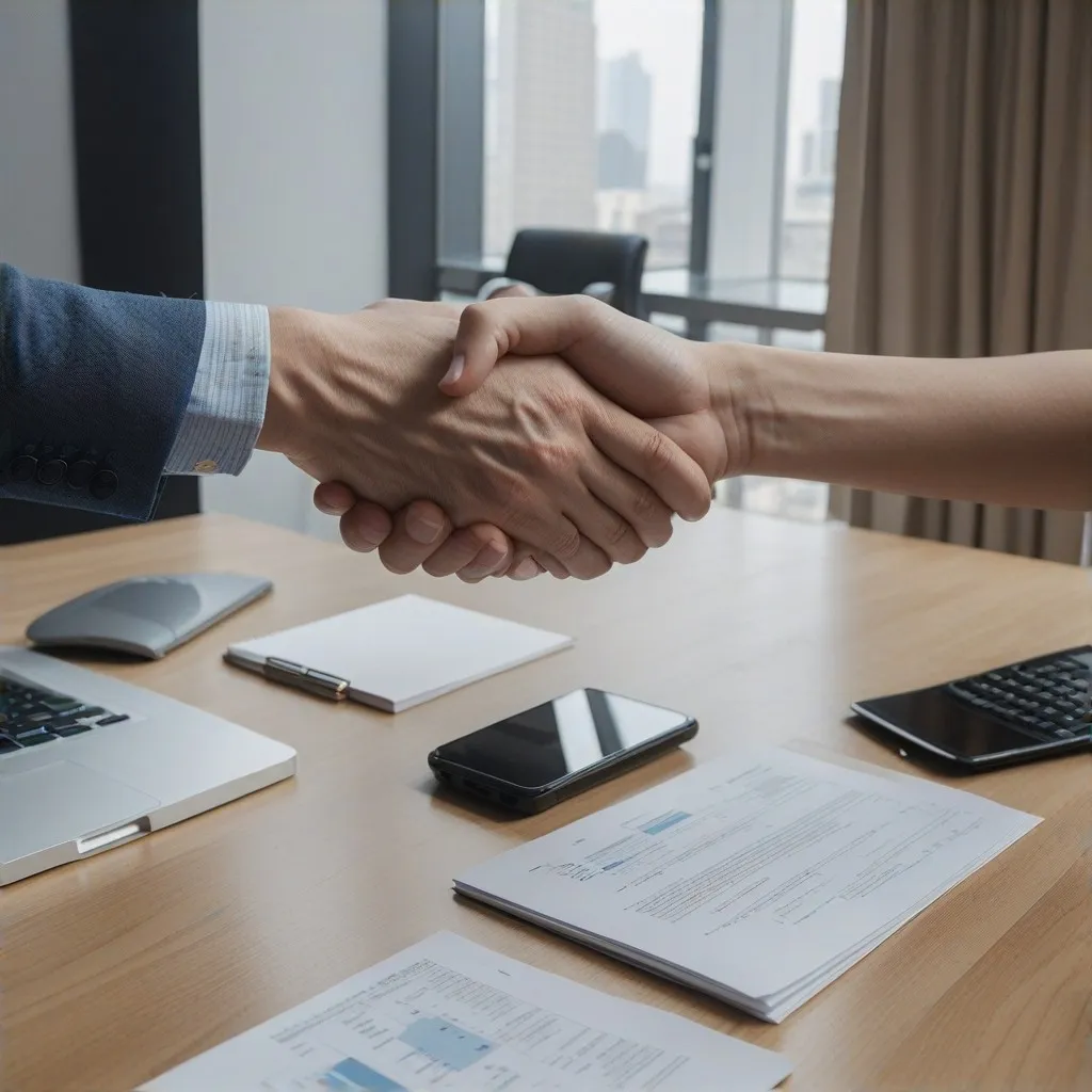 A close-up shot of a professional shaking hands with a client across a desk cluttered with accounting paperwork and a laptop. Both individuals display expressions of trust and accomplishment, symbolizing successful business partnerships and client satisfaction in financial services.